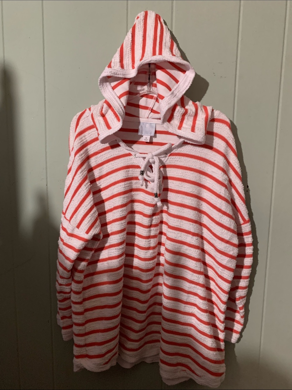 Striped Hooded Lace-Up Sweater - Pink & White